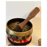 Asian Buddhist Decor Set: Artisan Glass oil Lamp, Singing Bowl, Buddha Statue, Porcelain Spoon, Monkey Figures, Alabaster Trinket Tray