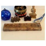 Asian Buddhist Decor Set: Artisan Glass oil Lamp, Singing Bowl, Buddha Statue, Porcelain Spoon, Monkey Figures, Alabaster Trinket Tray