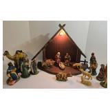 Nativity Set - Chalkware & Paper Mache Figures with Lighted Wooden Creche