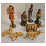Nativity Set - Chalkware & Paper Mache Figures with Lighted Wooden Creche
