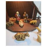 Nativity Set - Chalkware & Paper Mache Figures with Lighted Wooden Creche