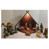 Nativity Set - Chalkware & Paper Mache Figures with Lighted Wooden Creche
