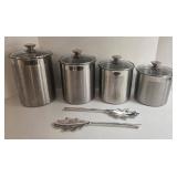 4 CALIDAD Stainless Steel Canister Set (3 Qt, 3.5 Qt, 4 Qt, 5 Qt) & Leaf-Shaped Salad Tongs