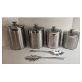 4 CALIDAD Stainless Steel Canister Set (3 Qt, 3.5 Qt, 4 Qt, 5 Qt) & Leaf-Shaped Salad Tongs