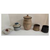 Artisan Ceramic Lot - Wild Rice Jar with Lid - Minute Egg Maker w/Lid, Spoon Rest & 2 Cups