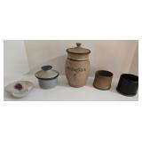 Artisan Ceramic Lot - Wild Rice Jar with Lid - Minute Egg Maker w/Lid, Spoon Rest & 2 Cups