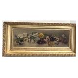 Antique Oil Painting on Board Panoramic Pansies in Gold Gilt Frame - 30 in W x 13.5 in H