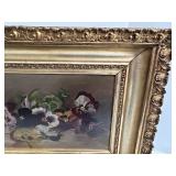 Antique Oil Painting on Board Panoramic Pansies in Gold Gilt Frame - 30 in W x 13.5 in H