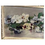 Antique Oil Painting on Board Panoramic Pansies in Gold Gilt Frame - 30 in W x 13.5 in H
