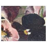 Antique Oil Painting on Board Panoramic Pansies in Gold Gilt Frame - 30 in W x 13.5 in H