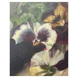 Antique Oil Painting on Board Panoramic Pansies in Gold Gilt Frame - 30 in W x 13.5 in H