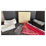 Table Linens Lot - 13 Straw Placemats, 11 Black/Gray Placemats, 8 Red Linen Striped Placemats, 4 Tablecloths