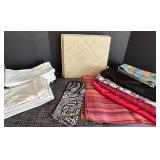 Table Linens Lot - 13 Straw Placemats, 11 Black/Gray Placemats, 8 Red Linen Striped Placemats, 4 Tablecloths