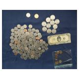 COLLECTABLE 1950S- 20 DOLLAR BILL AND COINS