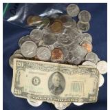 COLLECTABLE 1950S- 20 DOLLAR BILL AND COINS