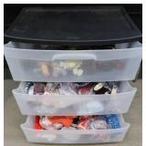 PLASTIC ROLLING 3 DRAWER SHELF FULL OFVINTAGE  DOLLS AND DOLL  CLOTHES