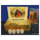 VINTAGE HATTIE TOM CIGAR BOX, 4 ROLLS OF FOREVER STAMPS, INDIAN POST CARD, AND WHEAT PENNIES