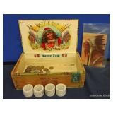 VINTAGE HATTIE TOM CIGAR BOX, 4 ROLLS OF FOREVER STAMPS, INDIAN POST CARD, AND WHEAT PENNIES