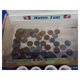 VINTAGE HATTIE TOM CIGAR BOX, 4 ROLLS OF FOREVER STAMPS, INDIAN POST CARD, AND WHEAT PENNIES