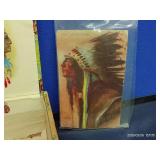 VINTAGE HATTIE TOM CIGAR BOX, 4 ROLLS OF FOREVER STAMPS, INDIAN POST CARD, AND WHEAT PENNIES