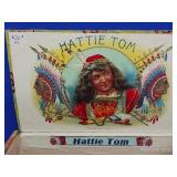 VINTAGE HATTIE TOM CIGAR BOX, 4 ROLLS OF FOREVER STAMPS, INDIAN POST CARD, AND WHEAT PENNIES