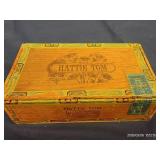 VINTAGE HATTIE TOM CIGAR BOX, 4 ROLLS OF FOREVER STAMPS, INDIAN POST CARD, AND WHEAT PENNIES