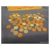 VINTAGE HATTIE TOM CIGAR BOX, 4 ROLLS OF FOREVER STAMPS, INDIAN POST CARD, AND WHEAT PENNIES