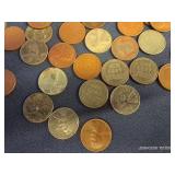 VINTAGE HATTIE TOM CIGAR BOX, 4 ROLLS OF FOREVER STAMPS, INDIAN POST CARD, AND WHEAT PENNIES