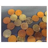 VINTAGE HATTIE TOM CIGAR BOX, 4 ROLLS OF FOREVER STAMPS, INDIAN POST CARD, AND WHEAT PENNIES