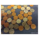 VINTAGE HATTIE TOM CIGAR BOX, 4 ROLLS OF FOREVER STAMPS, INDIAN POST CARD, AND WHEAT PENNIES