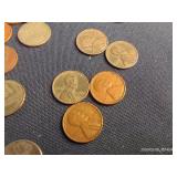 VINTAGE HATTIE TOM CIGAR BOX, 4 ROLLS OF FOREVER STAMPS, INDIAN POST CARD, AND WHEAT PENNIES