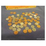 VINTAGE HATTIE TOM CIGAR BOX, 4 ROLLS OF FOREVER STAMPS, INDIAN POST CARD, AND WHEAT PENNIES