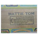 VINTAGE HATTIE TOM CIGAR BOX, 4 ROLLS OF FOREVER STAMPS, INDIAN POST CARD, AND WHEAT PENNIES