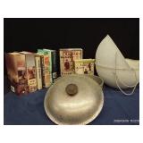 VINTAGE CLUB ALLUMINIUM HAMMERCRAFT DUTCH OVEN, FLOWER POTS, AND ASSORTMENT OF BOOKS