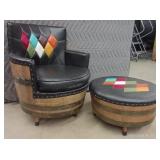 RARE VINTAGE WHISKEY BARREL CHAIR AND OTTOMAN