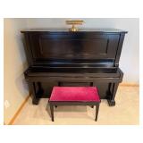 Black Upright Piano with Pink Upholstered Bench - Two Pedals
