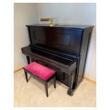 Black Upright Piano with Pink Upholstered Bench - Two Pedals