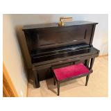 Black Upright Piano with Pink Upholstered Bench - Two Pedals