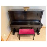 Black Upright Piano with Pink Upholstered Bench - Two Pedals