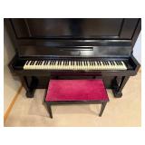 Black Upright Piano with Pink Upholstered Bench - Two Pedals