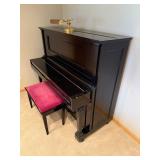 Black Upright Piano with Pink Upholstered Bench - Two Pedals