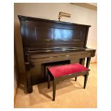 Black Upright Piano with Pink Upholstered Bench - Two Pedals