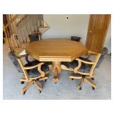 Oak Octagonal Game/Poker Table with Green Felt & 4 Upholstered Chairs Set