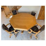 Oak Octagonal Game/Poker Table with Green Felt & 4 Upholstered Chairs Set