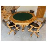 Oak Octagonal Game/Poker Table with Green Felt & 4 Upholstered Chairs Set