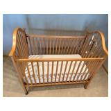 Natural Oak Baby Crib with Slatted Sides, Casters, Mattress Included