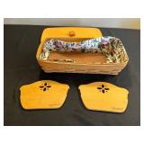 Longaberger Bread Basket with Floral Liner & Woodcraft Lids - Handwoven in Dresden, Ohio
