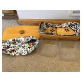 Longaberger Bread Basket with Floral Liner & Woodcraft Lids - Handwoven in Dresden, Ohio