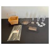 Crystal Glassware Set: 2 Champagne Flutes, Crystal Candle Stands, Wire Basket, Picnic Basket & Table Cover
