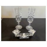 Crystal Glassware Set: 2 Champagne Flutes, Crystal Candle Stands, Wire Basket, Picnic Basket & Table Cover